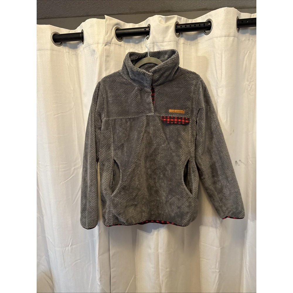 Simply Southern Sherpa Fleece Pullover Women's Red Plaid And Gray Size Small